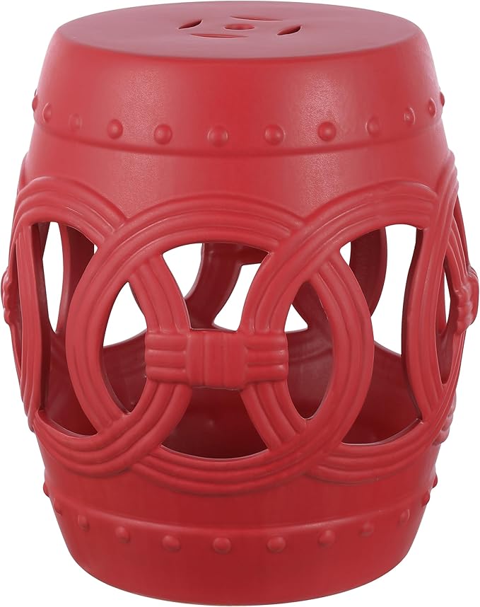 JONATHAN Y TBL1022C Lucky Coins 16" Chinese Ceramic Drum Indoor/Outdoor Garden Stool Bohemian, Coastal, Cottage, French Country, Traditional, for Living Room, Garden Room, Patio, Matte Red
