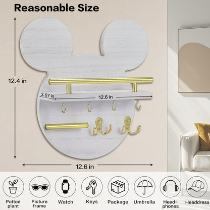 AIRPOP Key Holder for Wall–Mouse Wooden Mail Organizer Wall Mount with Shelf and 6 Hooks, Easy Installation Key Rack Hanger for Entryway Living Room Home Decor(White)