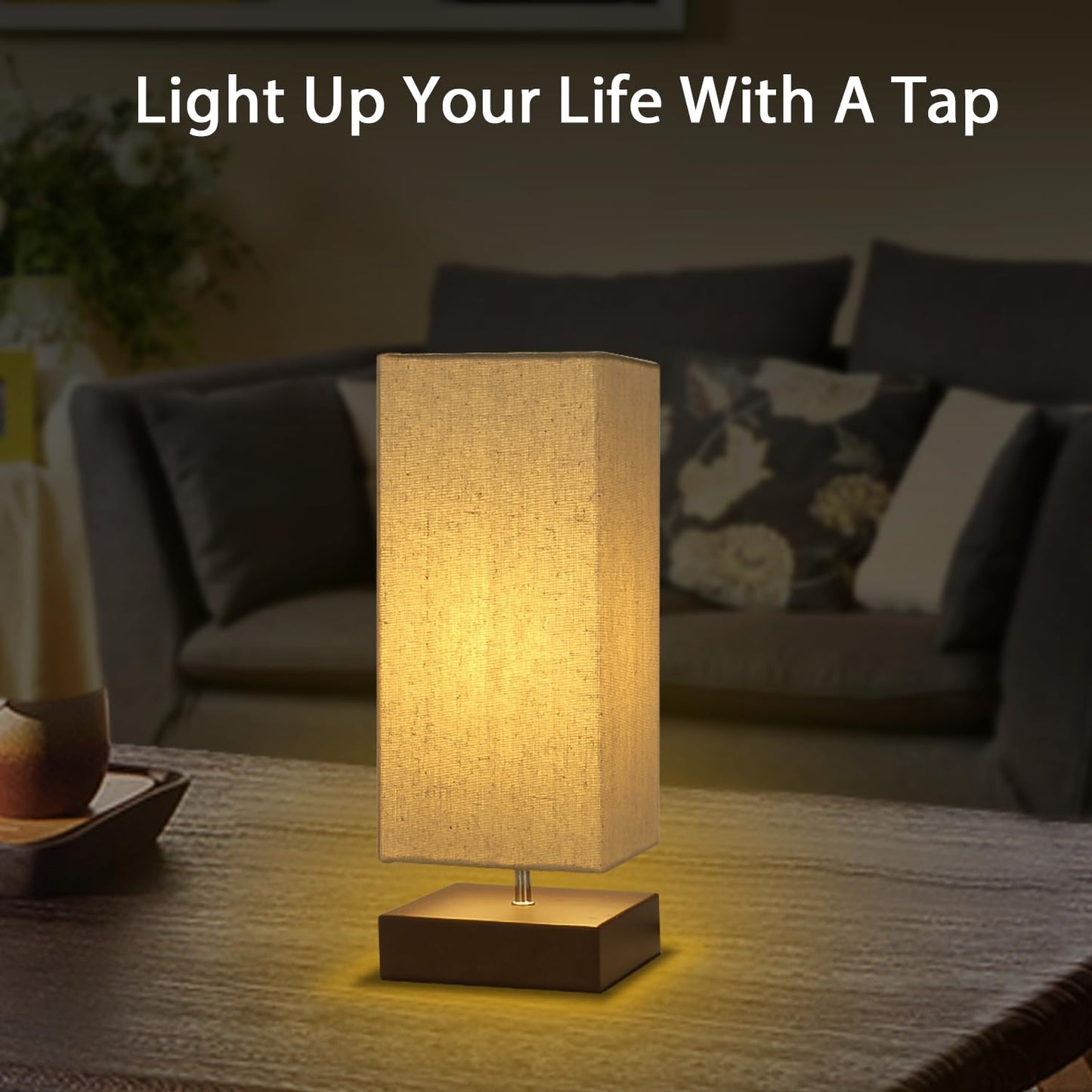Touch Control Table Lamp Bedside 3 Way Dimmable Touch Desk Lamp Modern Nightstand Lamp with Square Fabric Lamp Shade Simple Night Light for Bedroom Living Room Office, Led Bulb Included