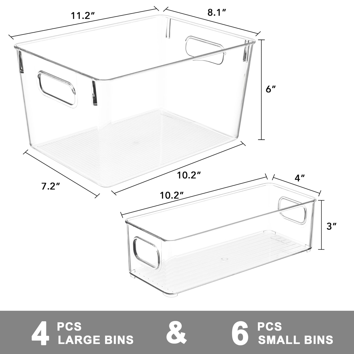 Tiawudi Set of 10 Clear Plastic Storage Bins, 4 Large and 6 Small Stackable Storage Containers for Pantry Organization, Organizer Bins for Home, Kitchen, Bathroom, Office, Cabinet Shelf Organizers