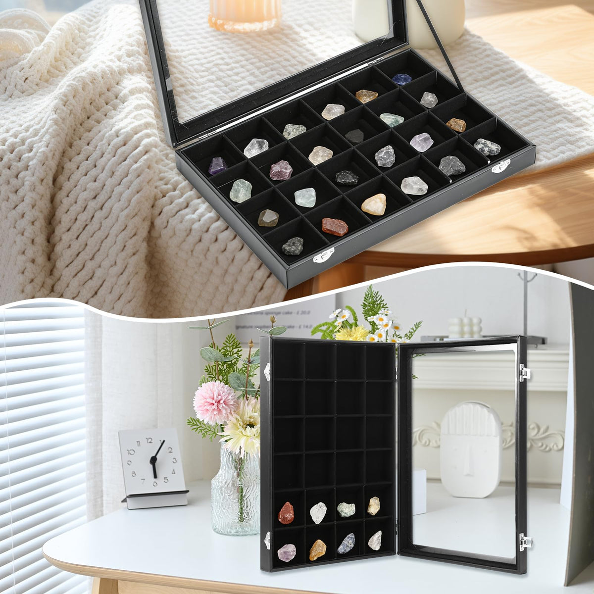 Acrux7 2 Pack Rock Collection Display Case, 24 Grid Rock Display Case, Black PU Leather Rocks Collection Box with Clear Glass Lid and Soft Velvet Grids for Collectibles, Gemstone, Crystal, Small Stone