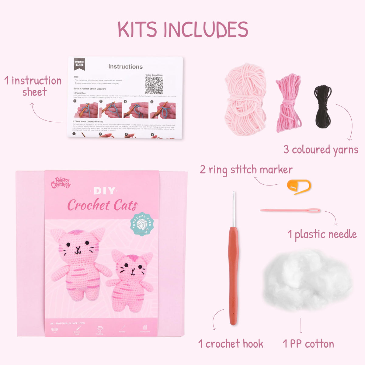HOUSE CREATIVITY Cat Crochet Kit for Beginners – Make a Variety of Adorable Kittens, Amigurumi Crochet Starter Kit with Yarn, Eyes & Step-by-Step Video Tutorial, DIY Craft for Cat Lovers