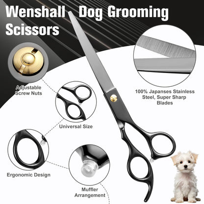 Wenshall Professional Dog Grooming Scissors Set - 6.5" Thinning, 7" Straight, 7" Up-Curved, 7" Down-curved Scissors and Comb for Dog Cat Pet (Black)