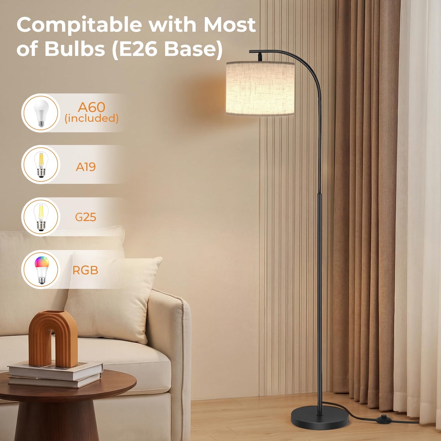 SIBRILLE Floor Lamp with Linen Shade, Arc Dimmable Tall Standing Lamp with Remote Control, Modern Floor Reading Light for Living Room Bedroom Office Corner, 9W LED Bulb Included