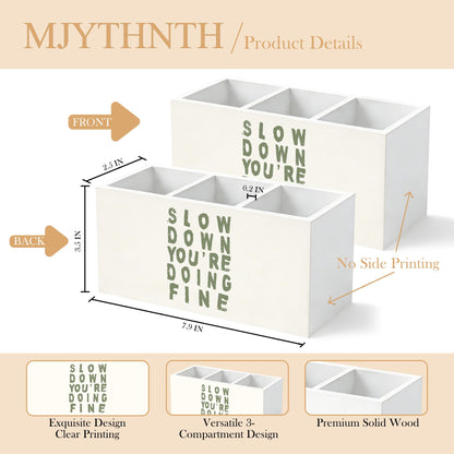 MJYTHNTH Sage Green Inspirational Pencil Pen Holder for Desk, Slow Down You're Doing Fine Motivational Wooden Box Sign Pen Holder Organizer for Home Office Desk Accessories