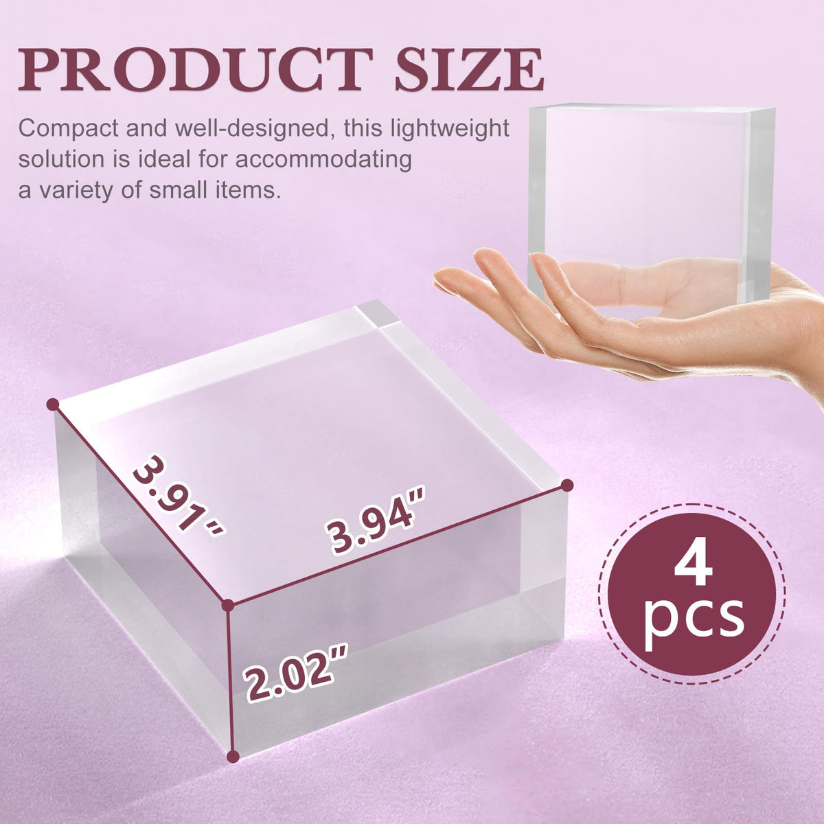 SAMYUCHO Acrylic Base Stand 4 Pieces Acrylic Blocks for Display 4 X 4 X 2 Inch Clear Polished Block Square Cube Riser Display Pedestal Stands for Jewelry Perfume Ring Collection Props Cake