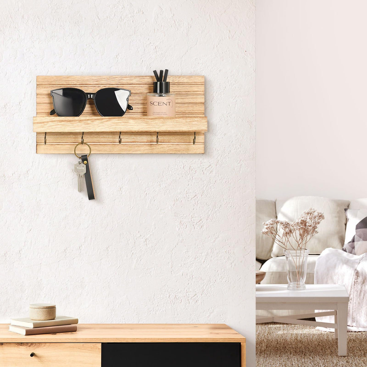 Lwenki Decorative Key Holder for Wall with Shelf, Entryway Shelf with Hooks Holds Leashes, Jackets and Glasses – Sturdy Wood Keyholder Entrance Hanger with Mounting Hardware (Wood, Medium)
