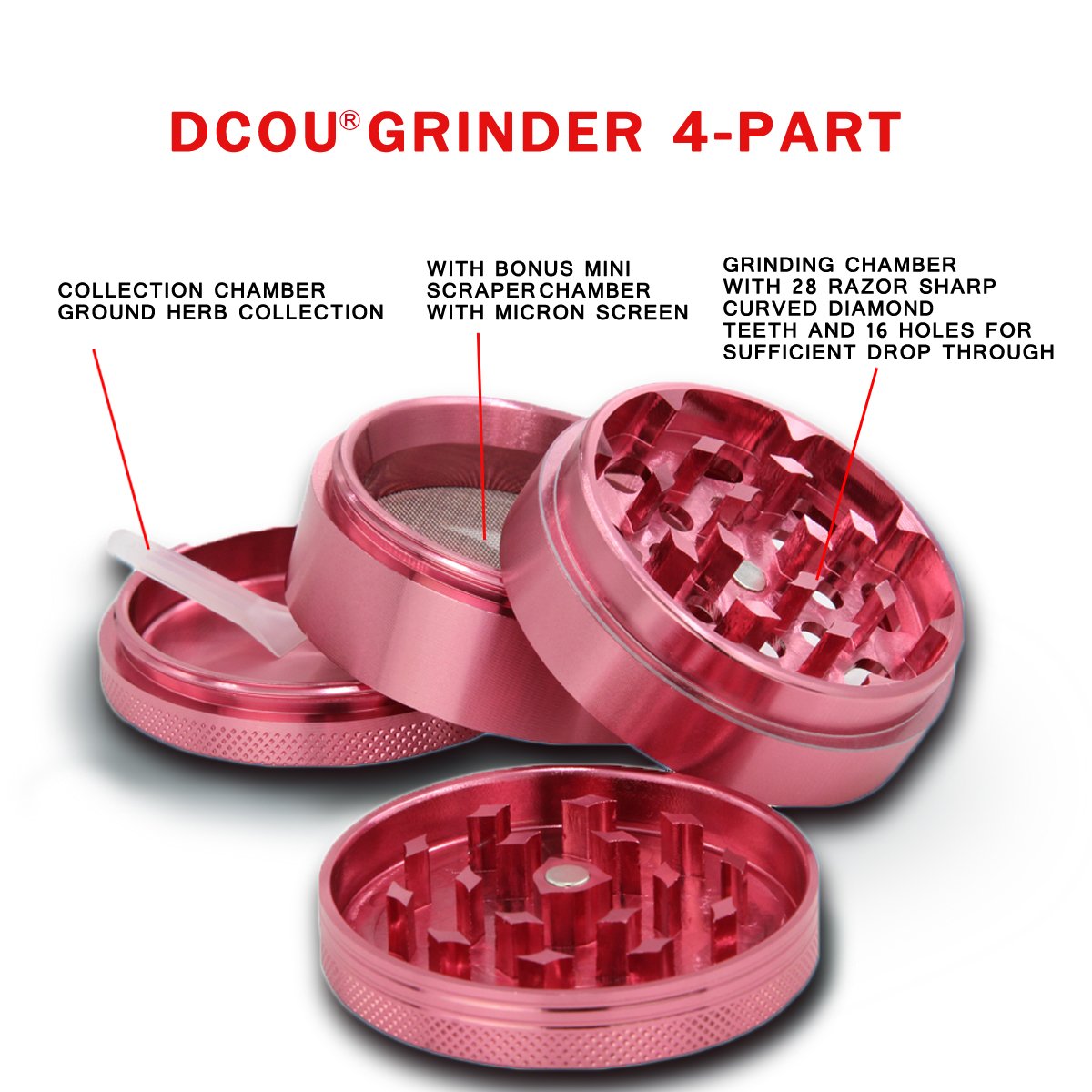 DCOU Premium Aluminium Herb Grinder 2.2 Inches 4 Piece Metal Grinder with Pollen Catcher with Laser Flower Pattern (Pink)
