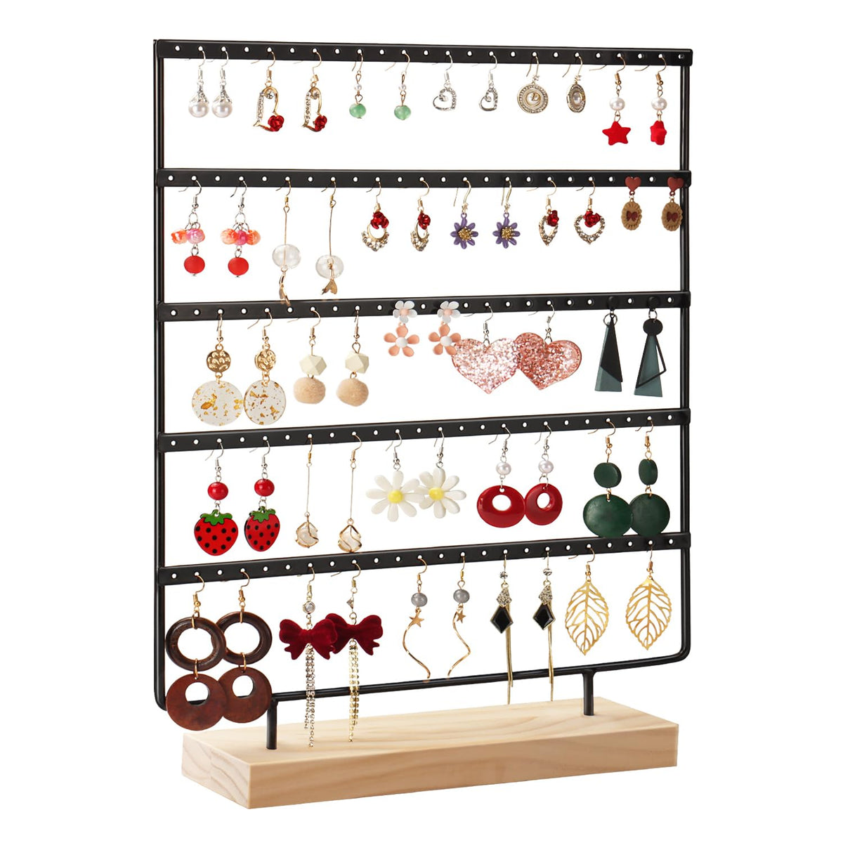 RUINENGDA Jewelry Organizer, 5 Tiers Earring Organizer with 120 Holes for Storing and Displaying Earrings of Various Styles, Models and Sizes, Removable Wooden Base for Home and Store Use