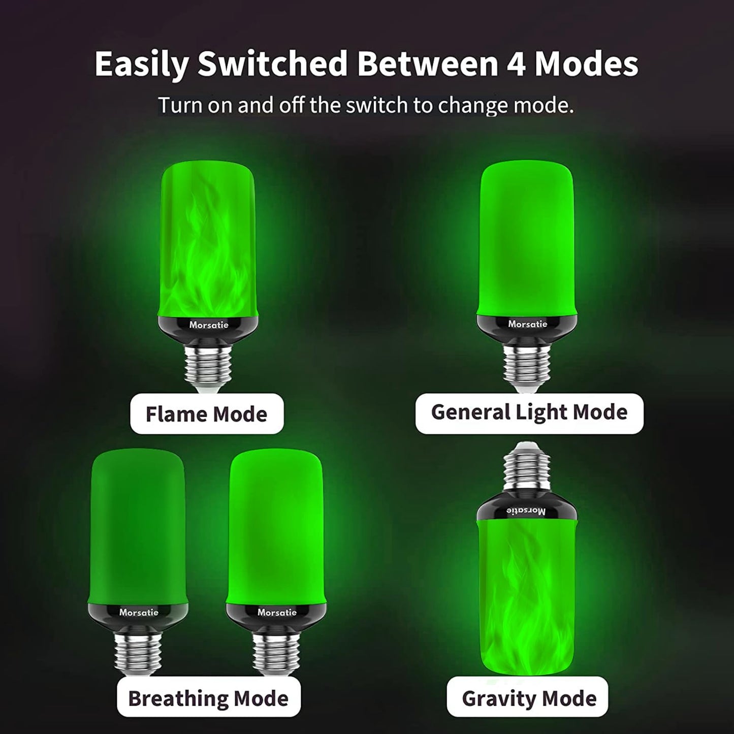 Morsatie 【Upgraded Flame LED Flame Light Bulbs, 4-Mode Flickering Light Bulbs with Upside Down Effect, E26 Fire Light Bulb for Halloween Christmas Party Porch Patio Indoor Outdoor Decoration, Green