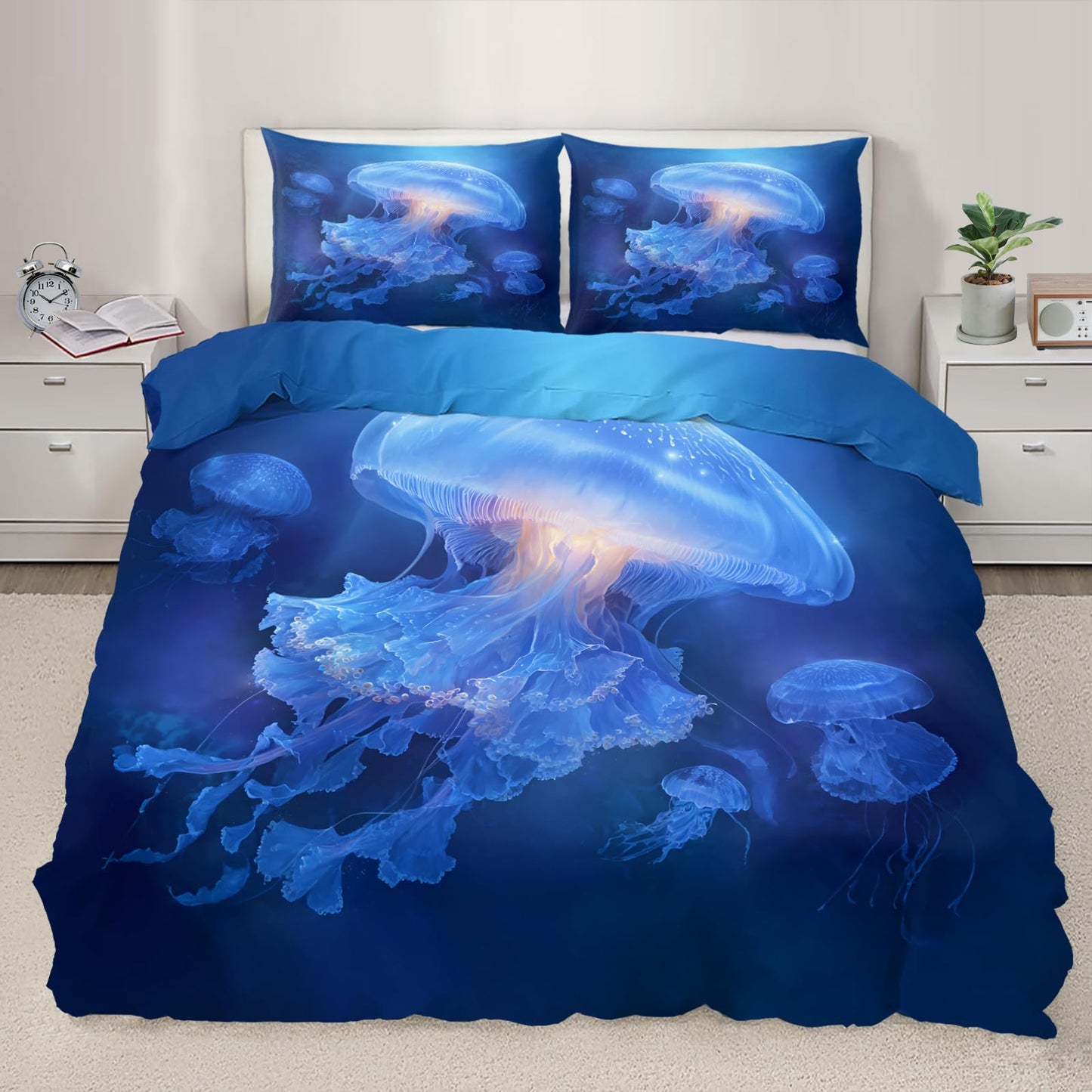 Glowing Jellyfish Duvet Cover King for Boys Girls, Kids Beach Underwater Sea Animal Jellyfish Printed Bedding Set 3 Pieces, Blue Ocean Nautical Dreamy Duvet Cover Set with 2 Pillow Case Microfiber