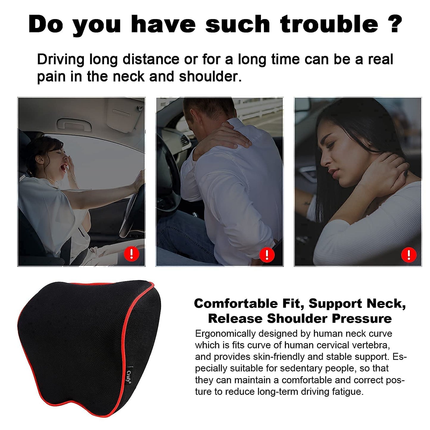 Crofy 2-Pack Car Neck Pillow, Softness Car Headrest Pillow for Driving with Adjustable Strap, 100% Memory Foam and Breathable Removable Cover, Comfortable Ergonomic Design, 4.7 Inches Thick