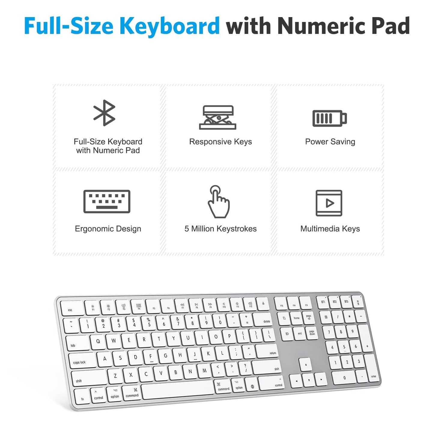OMOTON Bluetooth Keyboard Compatible with Mac, with Numeric Keypad, Rechargeable Wireless Keyboard Compatible with MacBook Pro/Air, iMac, Mac mini/Pro Laptop and PC (Silver)