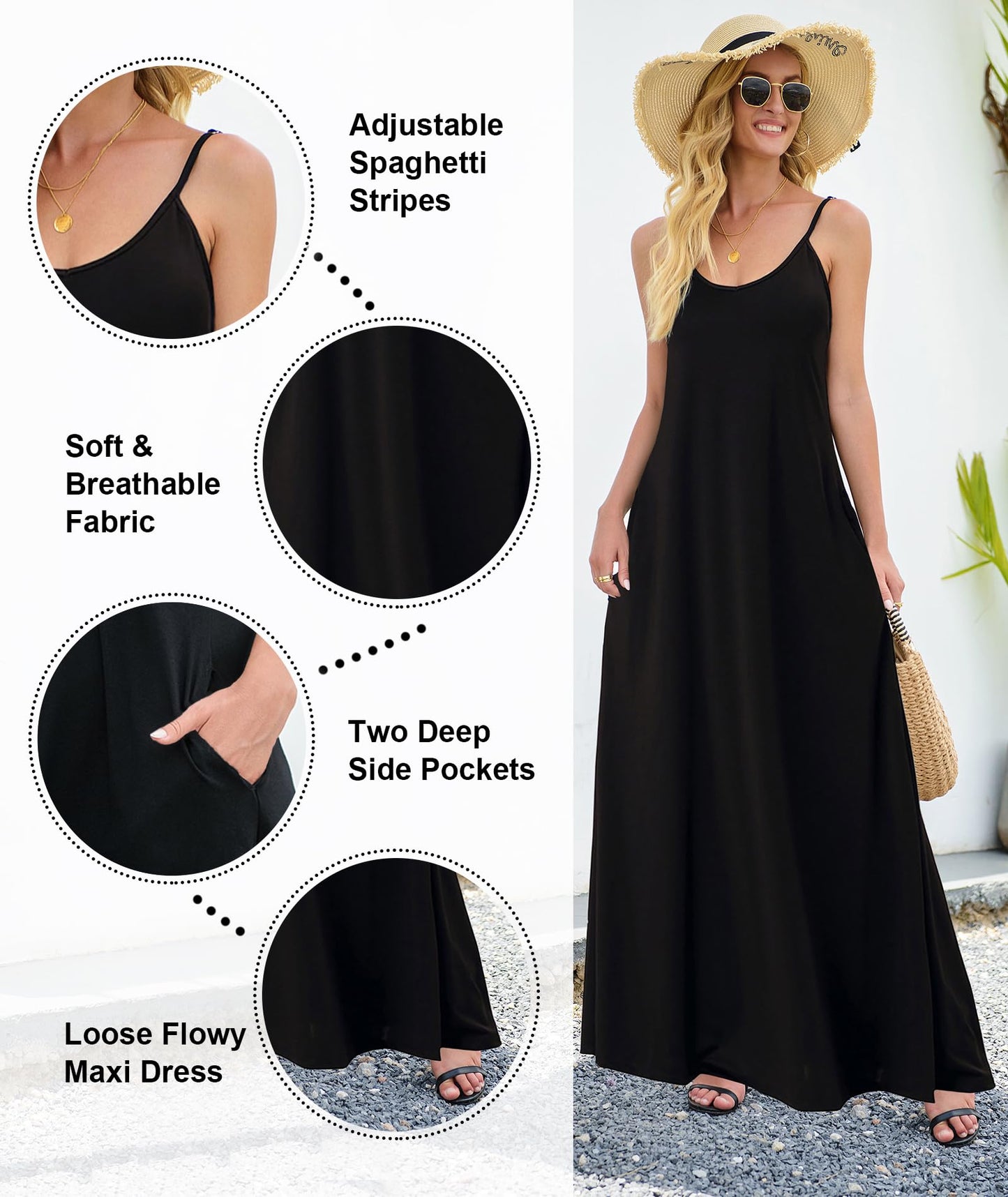 Wolddress Womens 2025 Casual Sleeveless Sundress Plus Size Loose Plain Long Summer Beach Maxi Dress with Pockets Black 2X