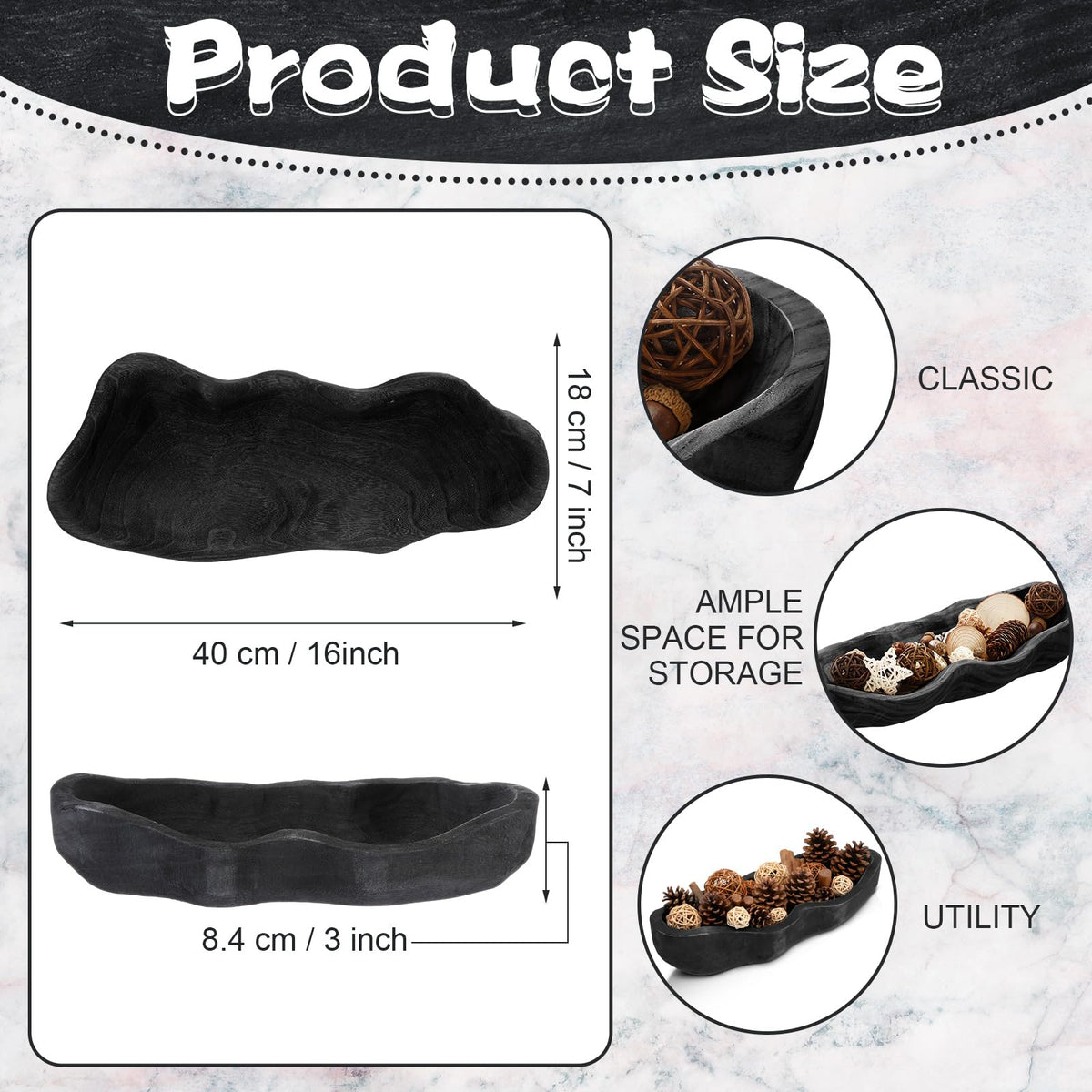 Nuogo 1 Pack 16 Inch Wavy Edge Dough Bowl Large Size Wood Rustic Dough Bowl Decorative for DIY Farmhouse Home Supplies Kitchen Decoration(Black)