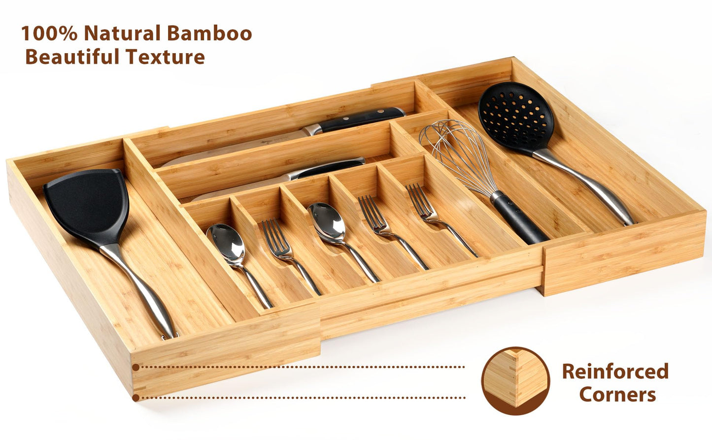 Umilife Bamboo Kitchen Drawer Organizer, 13 Inch Silverware Utensil Tray Holder, Extra Deep Grooved Drawer Divider, 7 Slots Total Bamboo Wood Caddy for Flatware Cutlery Knives, Forks, Spoons