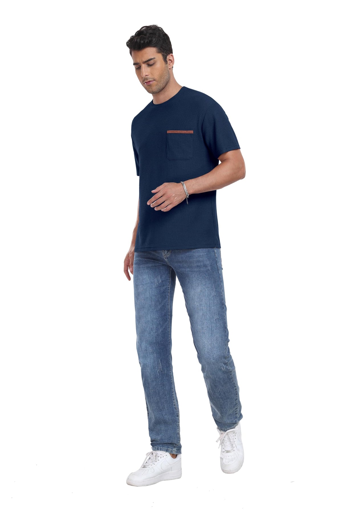 NUOKESASI Mens Casual T-Shirt Short Sleeve Crew Neck Soft Tee Shirts Summer Beach Waffle Textured Tops with Pocket Navy Blue-M