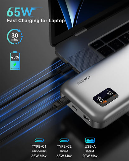 AsperX 65W Power Bank, 20,000mAh Laptop Portable Charger, PD 3.0 Fast Charging Travel Essential USB C Battery Pack for MacBook,iPhone 17/16/15/14 Series,Galaxy S24,Dell XPS, Switch,ipad,Steam Deck
