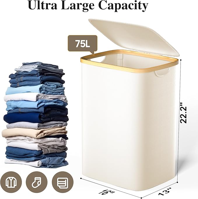 Large Laundry Hamper, 75L Waterproof Laundry Basket