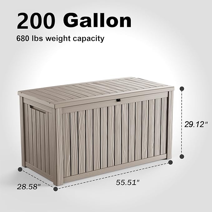200 Gallon Outdoor Deck Box, Lockable Waterproof Outdoor Storage Boxes For Garden Tools,Indoor Cushions,Accessories Outside Storage Resin Weatherproof Container(Grey)