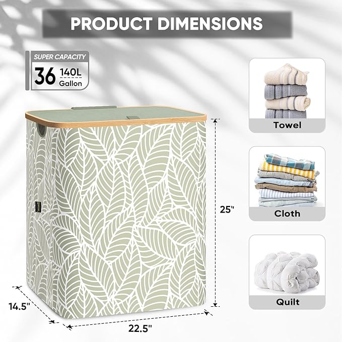 BALEINE Laundry Hamper with Lid, Tall Laundry Baskets with Bamboo Pull Handles