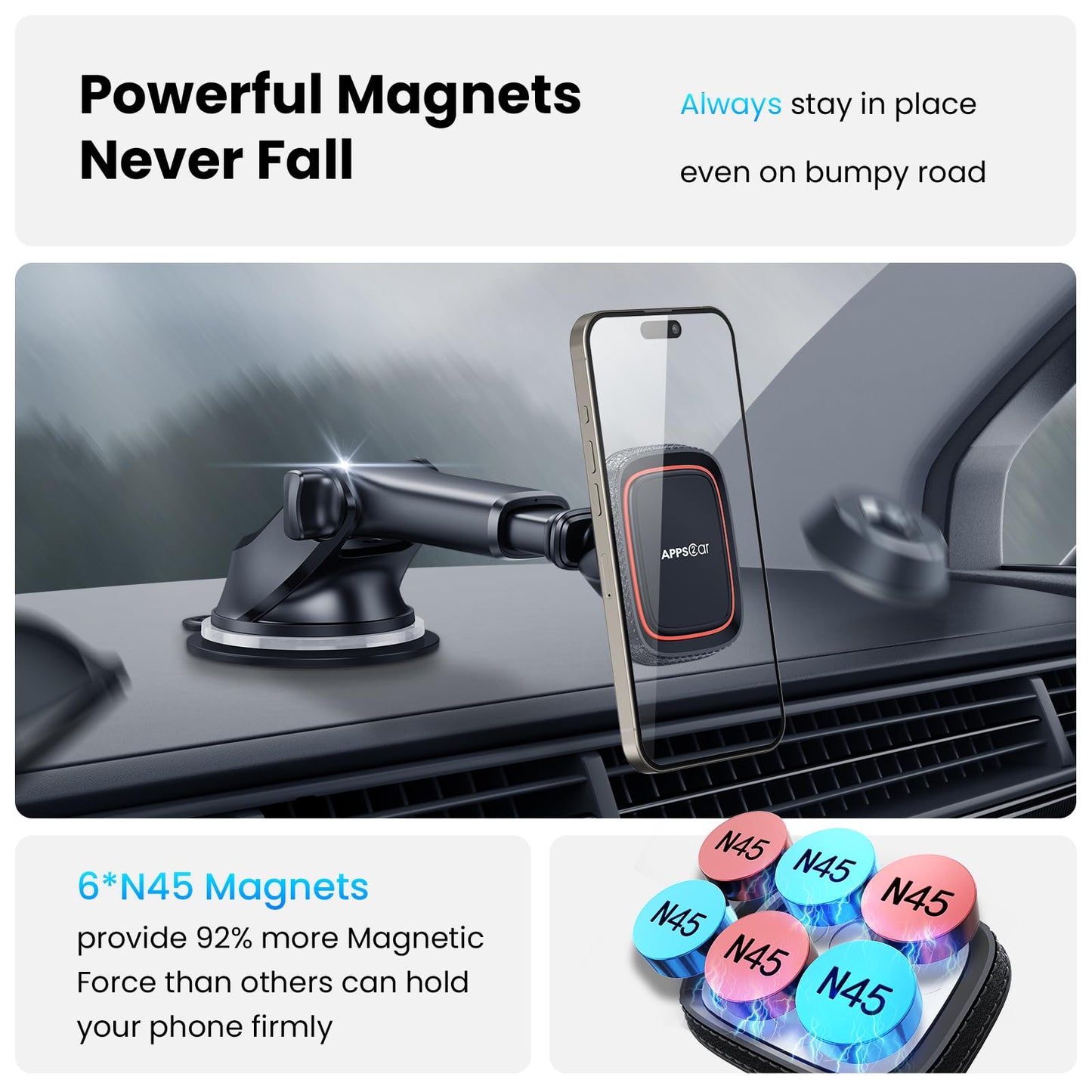 APPS2Car Magnetic Phone Car Mount, Universal Dashboard Windscreen Industrial-Strength Suction Cup Car Phone Mount Holder with Adjustable Telescopic Arm, 6 Strong Magnets for All Cell Phones