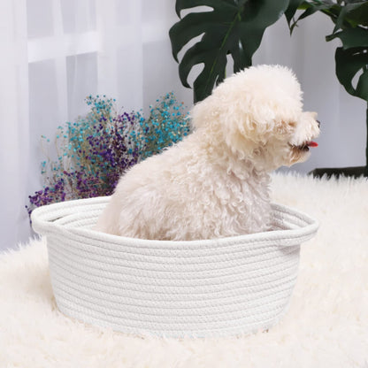 ABenkle Small Basket with Handles, Boho Decorative Rope Woven Dog Cat Toy Storage Bin Shelf Storage Organizer, Easter Christmas Gift Basket, 12"x8"x5", White