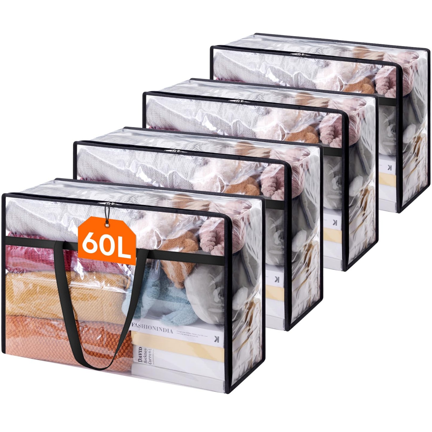 Lifewit 4 Pack Clear Clothes Storage Bags, 60L Plastic Blanket Storage Bag, Vinyl Foldable Moving Bags with Zipper, Closet Organizers and Storage Containers for Bedding, Duvet, Comforter