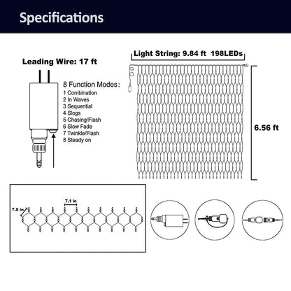 weillsnow 198 LED 9.8ft x 6.6ft Christmas Net Lights, Connectable 8 Lighting Twinkle Modes Mesh Lights for Christmas Outdoor Patio Garden Bush Fence Decorations (Blue & White)