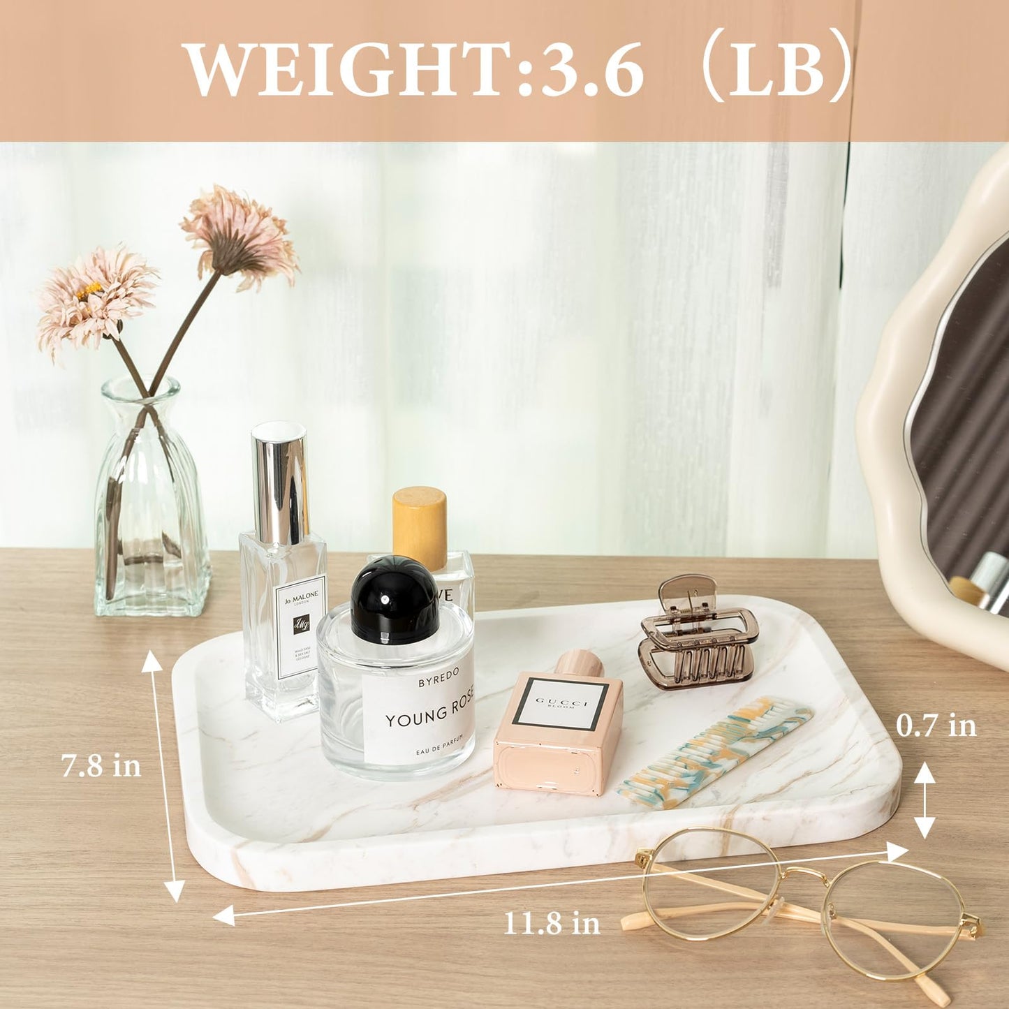 Karibiber Marble Vanity Tray, Marble Bathroom Tray Countertop, Decorative Trays for Dresser Organizer, White Stone Storage Serving Trays for Kitchen, Perfume, Jewelry Cathall Holder, Unique Veining