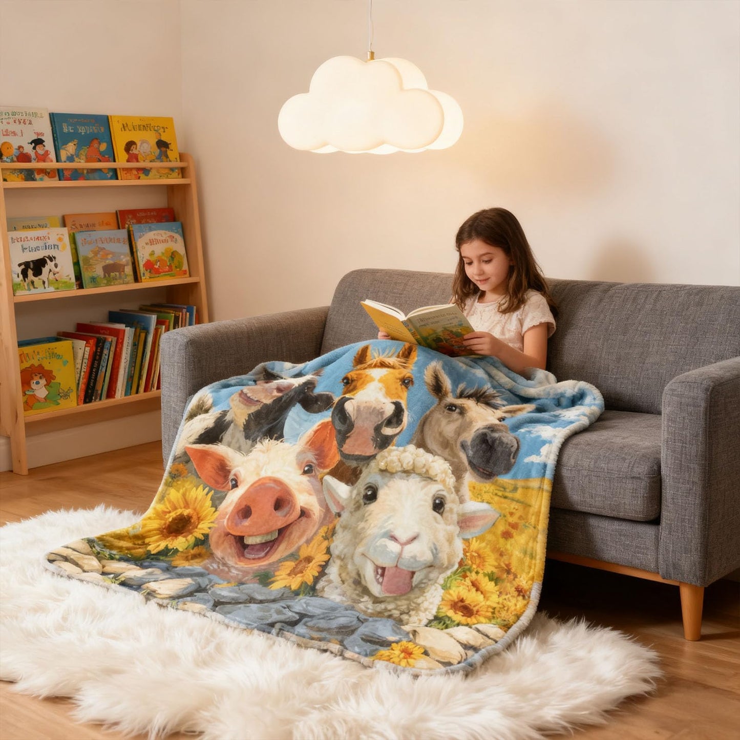 kampdream Funny Animal and Sunflower Flannel Blanket Throw, Super Soft Cozy Nap Blanket with Cute Cartoon Animal for Sofa Travel and Camping, for All Seasons 50"x60" inch Cow Sheep Horse