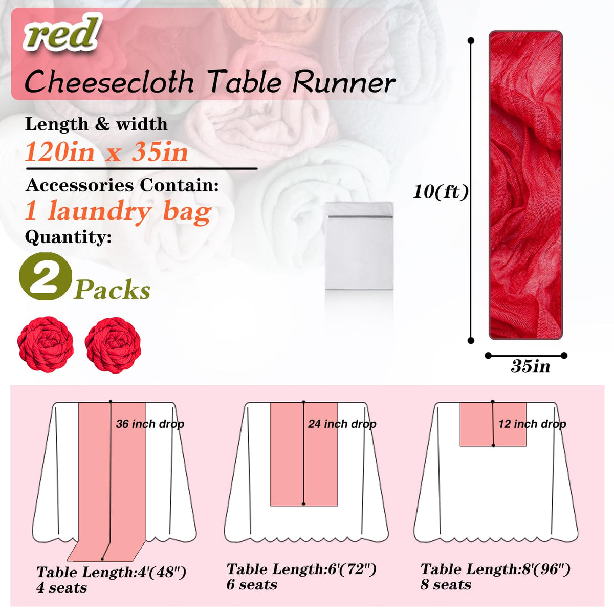 Waligoy Red Cheesecloth Table Runner 2 Pack 35" Boho Gauze Table Runner 120 inches Long Runner Rustic Sheer Fabric Bulk for Baby Shower Wedding Bridal Birthday Party Table Decorations