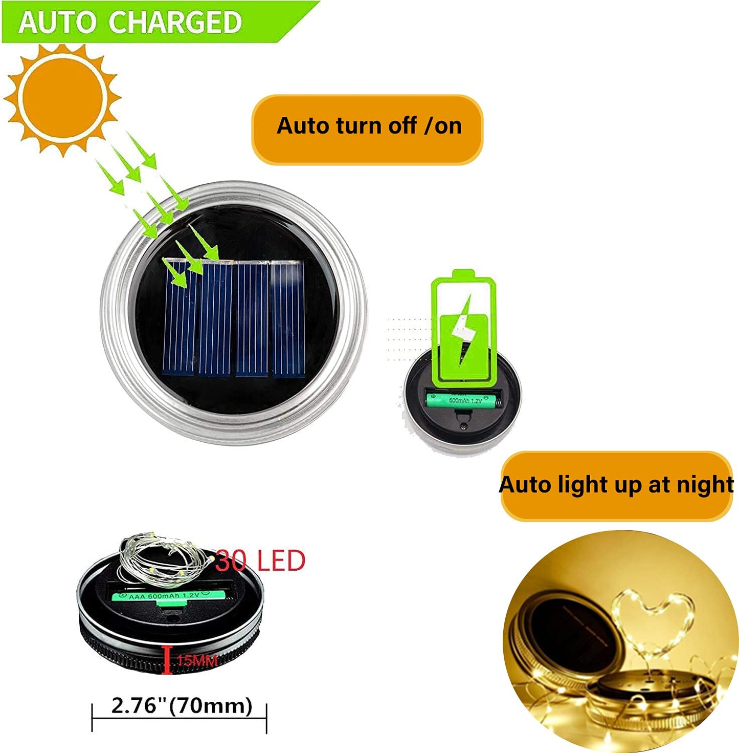 yeuago 12 Pack Solar Mason Jar Lid Lights - 30 LED Firefly Fairy String Lights, Waterproof Outdoor Solar Lights with Hangers for Regular Mouth Jars (No Jars Included)