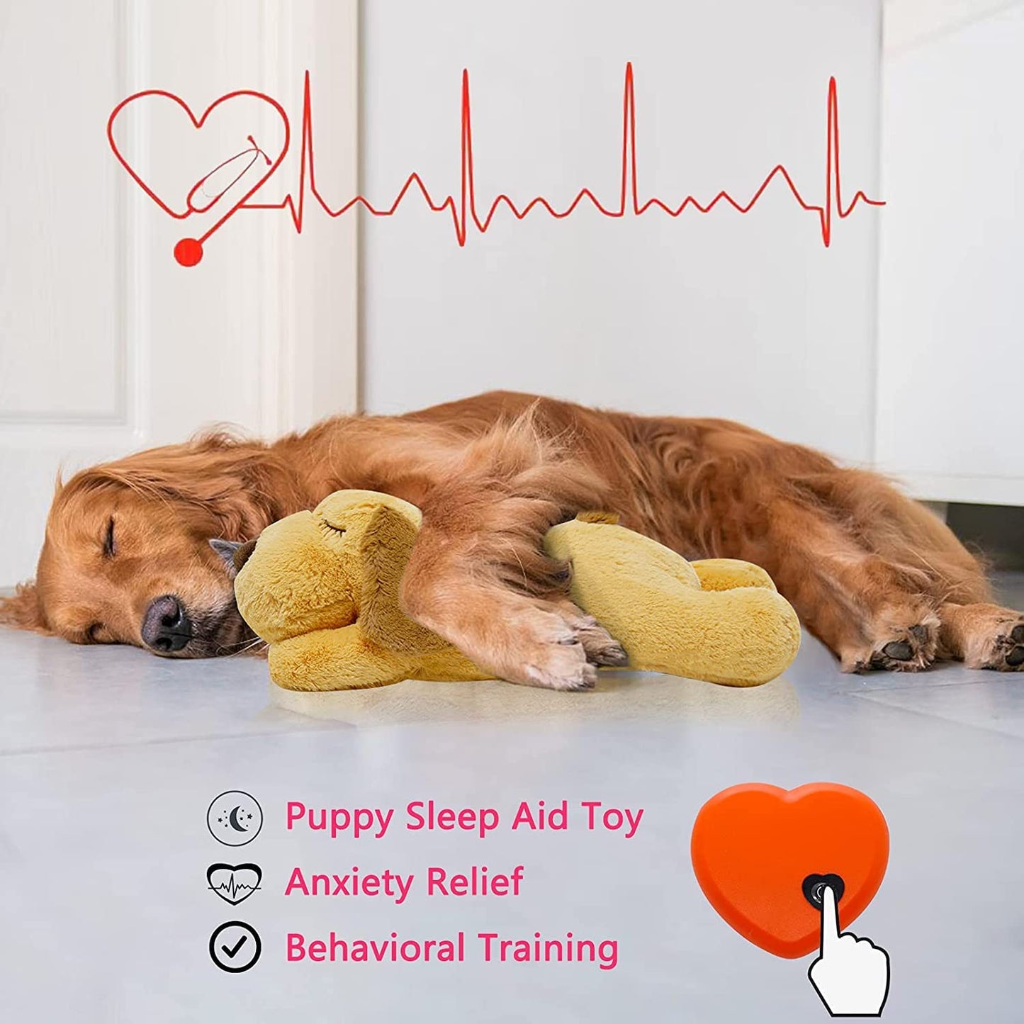 HonourHope Dog Heartbeat Toy (Dog Yellow, Medium) - Plush Pet Calming Toy with Simulated Heartbeat and Heat for Anxiety Relief, Behavioral Training Aid for Puppy Dog Cat