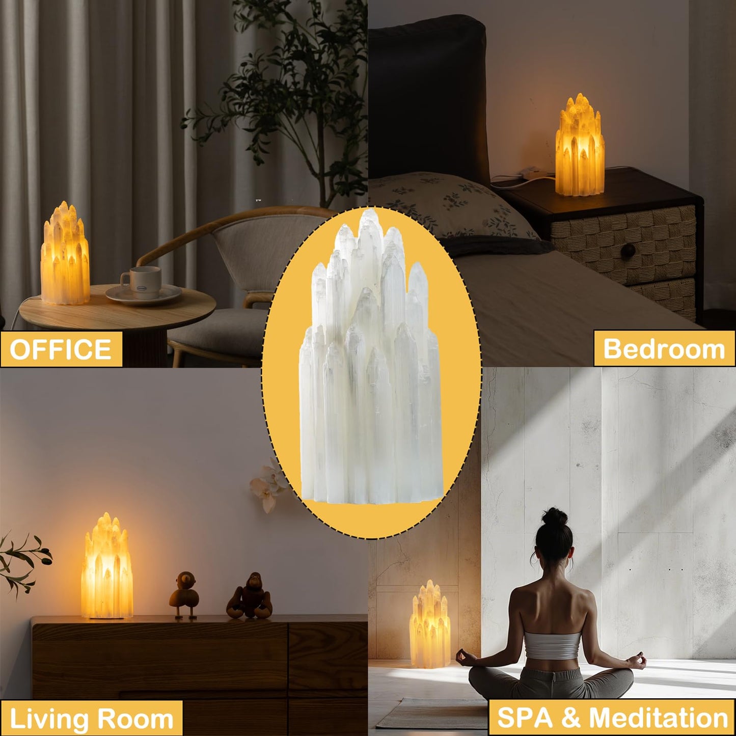 YeasHome Handcrafted Selenite Lamp Salt Lamp Natural Crystal Light for Relaxation Table Lamp Salt Rock Night Light with Dimmer Switch for Bedroom, Yoga Room, Healing Meditation Decor White