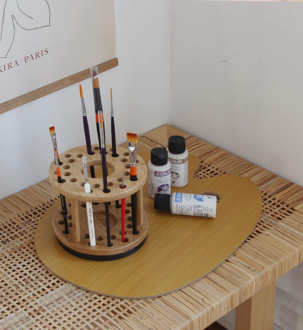 JackCubeDesign 360 Rotating Bamboo Watercolor Paint Brush Holder Water Coloring Brush Organiser Display Stand Tray Rack with 27 Holes and 1 Big Hole – MK441A