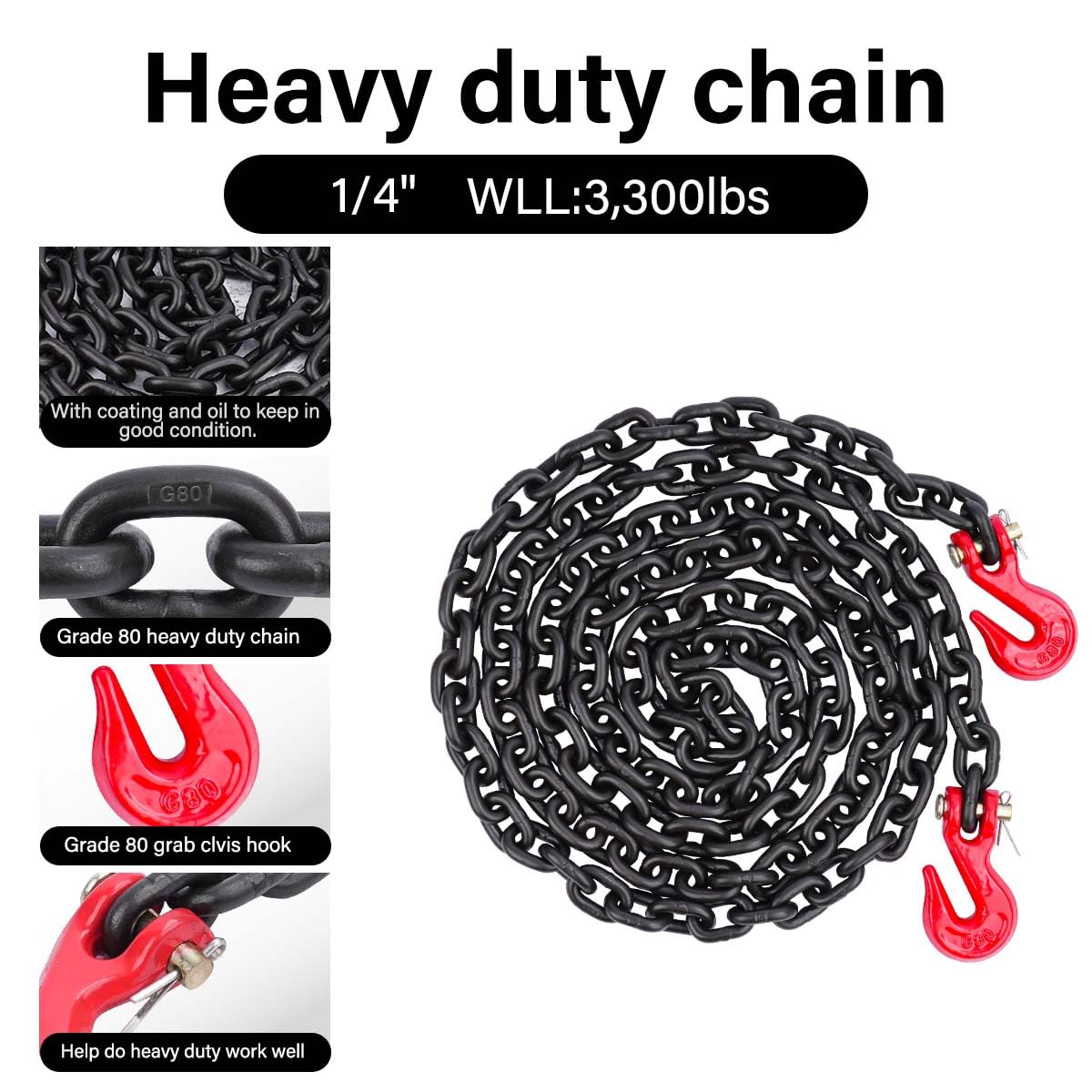 Lenchanse Chain and Binders Kit 1/4in - 5/16in 4 Set, Grade 80 1/4'' - 5/16'' Ratchet Load Binders Equipped with G80 Chains 1/4" × 10 feet and G80 Chain Hooks, 2,200lbs Working Load Tie Down Kit