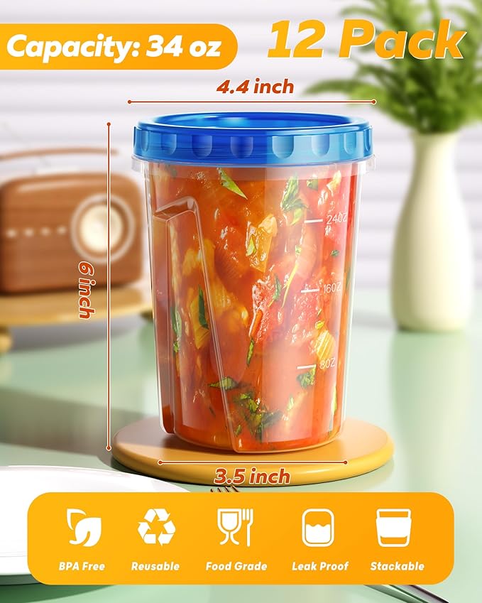 12 Pack-34 oz Freezer Storage Containers, Plastic Food Storage Containers