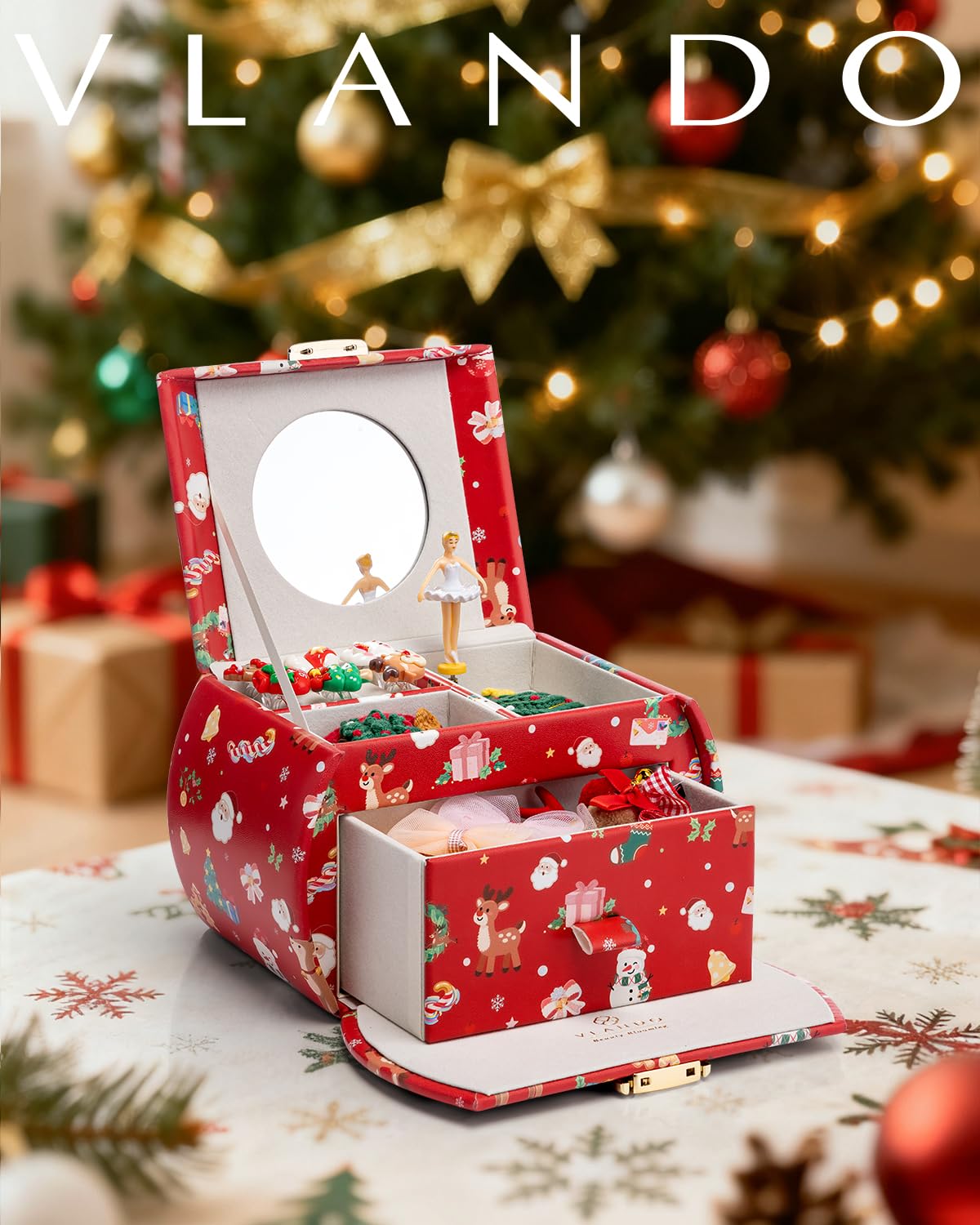 Vlando Kids Musical Jewelry Box for Girls with Drawer, Music Box with Ballerina and Stickers for Birthday Bedroom Decor, Christmas Gifts for Girls Kids - Christmas Red