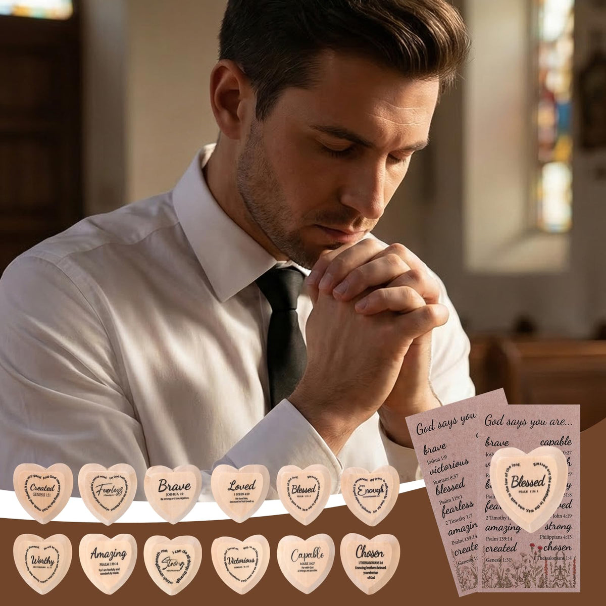 48 Set God Says You are Wood Heart Small Christian Gifts Bulk Religious Gifts Pocket Heart Token with Bible Verse Word Holy Week Affirmation Church Gift for Adults Sunday School Easter Supplies