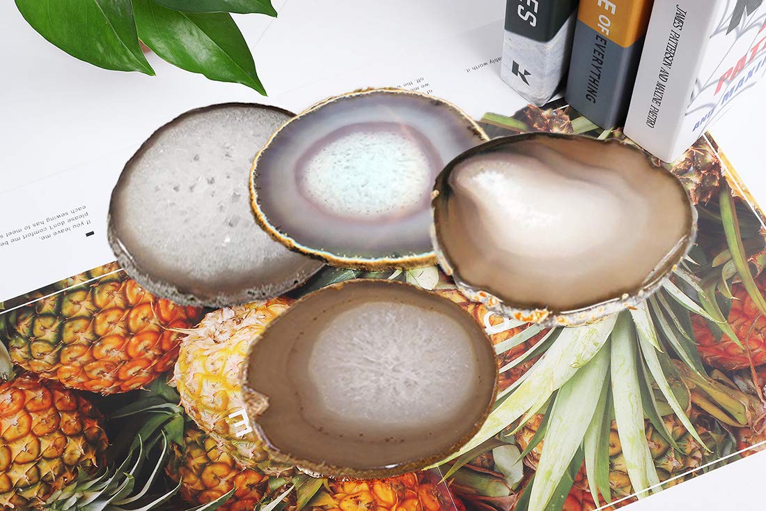 JIC Gem Natural Sliced Agate Coaster with Rubber Bumper Set of 4 (3-3.5", Natural)