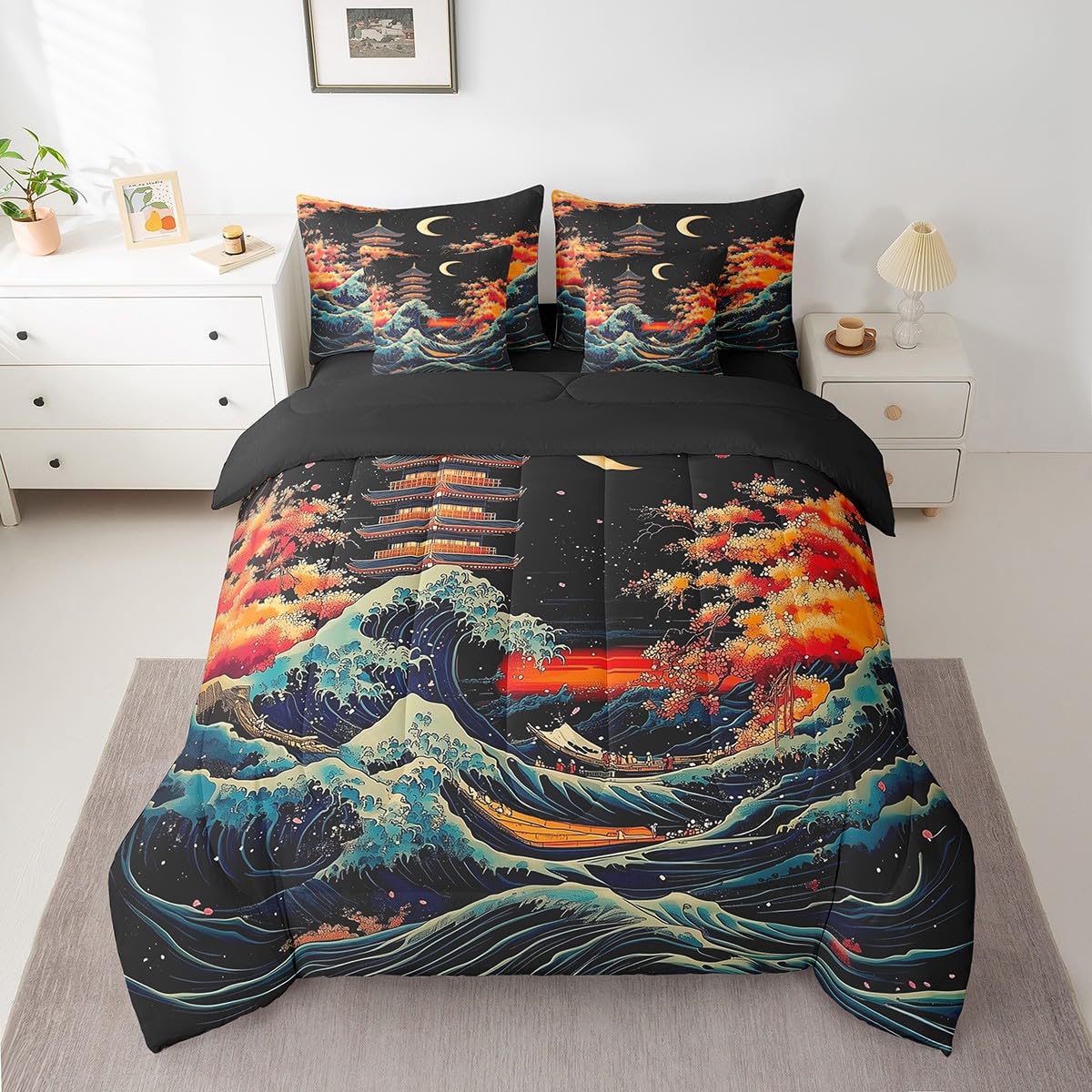 Erosebridal Blue Ocean Waves Queen Bedding Set 7 Piece,Japanese Cherry Blossom Comforter Set with Sheets for Kids Girls Boys,Ukiyoe Style Oriental Theme Bed Set with Fitted+Flat Sheet,Pillowcases
