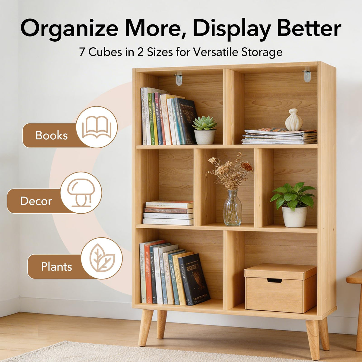 DUMOS Book Shelf, 7 Cube Storage Organizer with Legs, 3-Tier Modern Wooden Bookcase, Open Standing Display Shelf for Living Room, Bedroom, Office, Light Pine