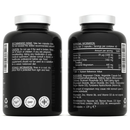 Magnesium Complex 1466mg - Magnesium and Zinc Supplements with Vitamin D3 & B6 - Premium Supplements for Women & Men - High Strength Chelated Citrate Tablets - 120 Capsules - Vegan & UK Made