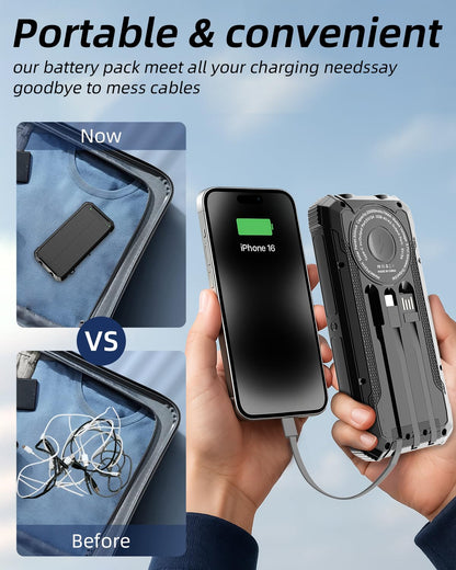 Nuynix Solar Power Bank 20000mAh, 15W Wireless Fast Charger with 3 Built-in Cables, USB-C Output Portable Battery Pack, Dual Flashlights Power Bank for iPhone 17 16 15 14, Samsung Galaxy, Camping