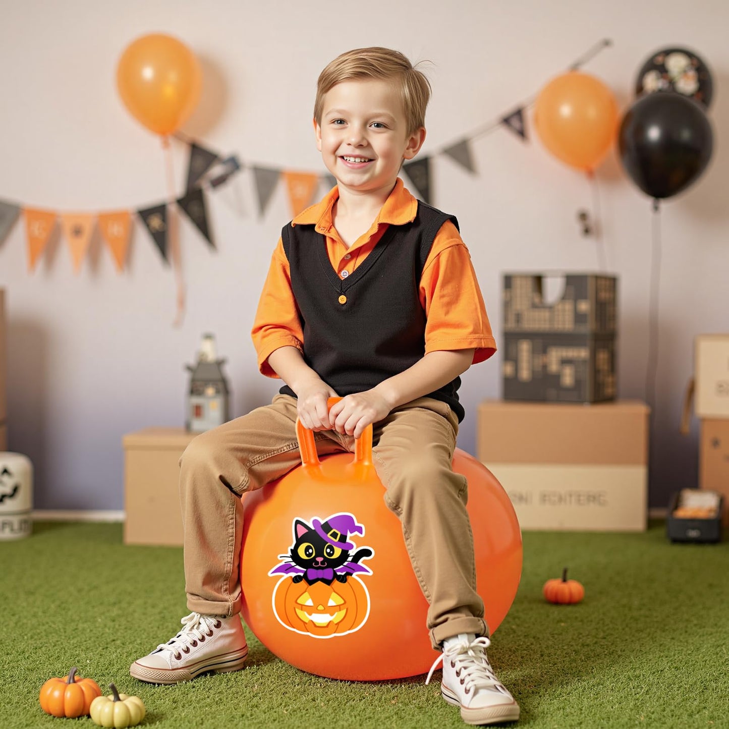 PlayZap Hopper Balls for Kids 3-8, Halloween Orange 18 Inches Bouncy Ball with Handle, Pumpkin Inflatable Bouncing Jumping Toys, Hippity Hop Toys Girls Boys Gifts