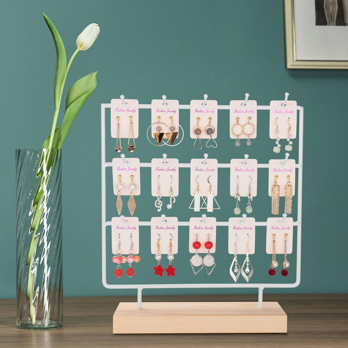 shidaishiye Earring Display Stand for Selling, Wood Earring Rack Tower Display Holder Stand (3 Tier,15 Hooks, White)