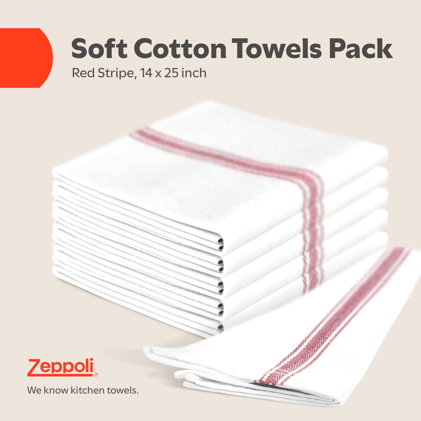 Zeppoli Tea Towel Set Kitchen Towels – 36 x 64 CM 100% Natural Cotton Dish Catering Towels - Soft and Absorbent Reusable Cleaning Cloths (White Red Striped)