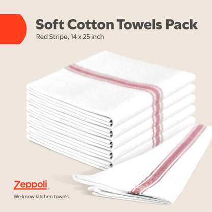 Zeppoli Tea Towel Set Kitchen Towels – 36 x 64 CM 100% Natural Cotton Dish Catering Towels - Soft and Absorbent Reusable Cleaning Cloths (White Red Striped)
