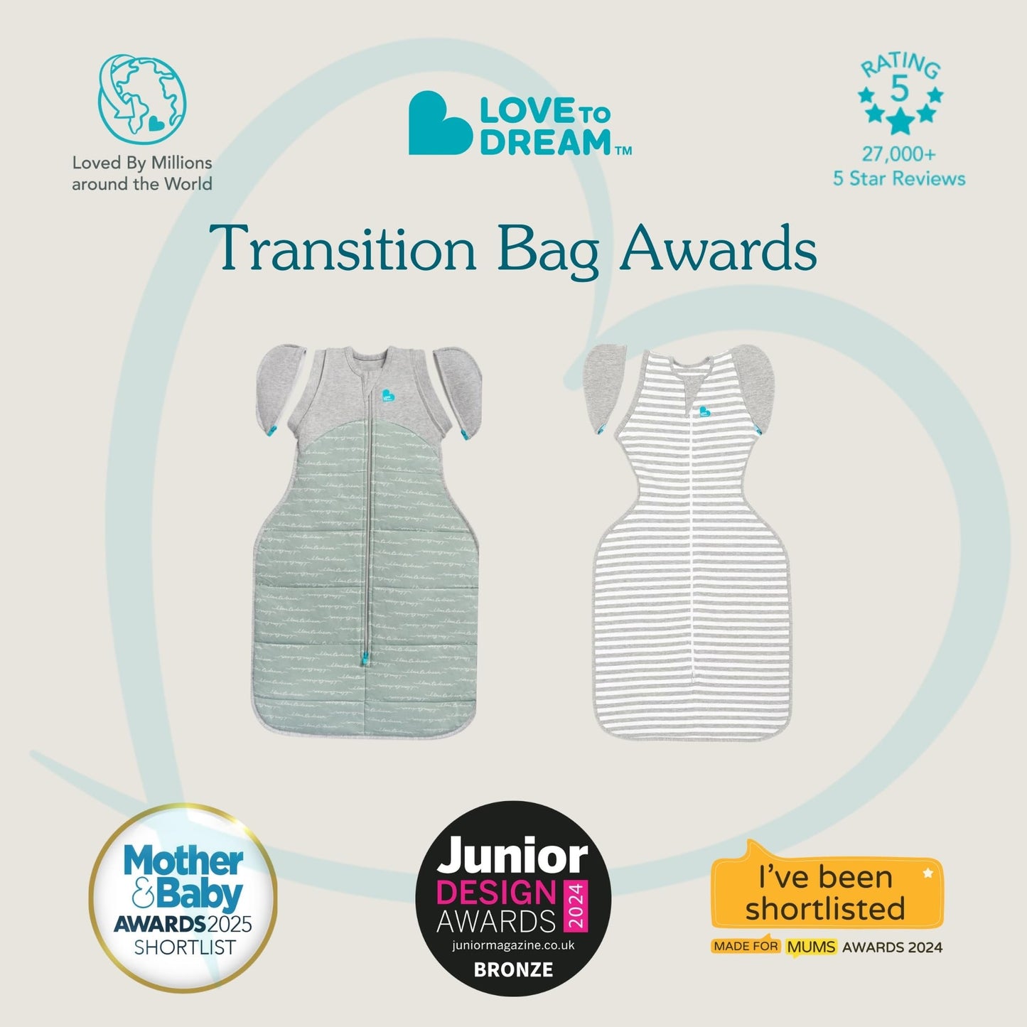 Love To Dream Swaddle Up Transition Bag, Medium 6-8.5 kg, Grey, Snug Fit, Zip-Off Wings, 1.0 Tog Suitable for Moderate Temperature (20-24°C), Machine Washable & Double Zip for Easy Nappy Change